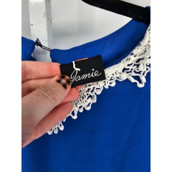 Vintage 1990s Jamie Womens Sz L Midi Length Formal Dress Blue Crochet Collar - Picture 3 of 5